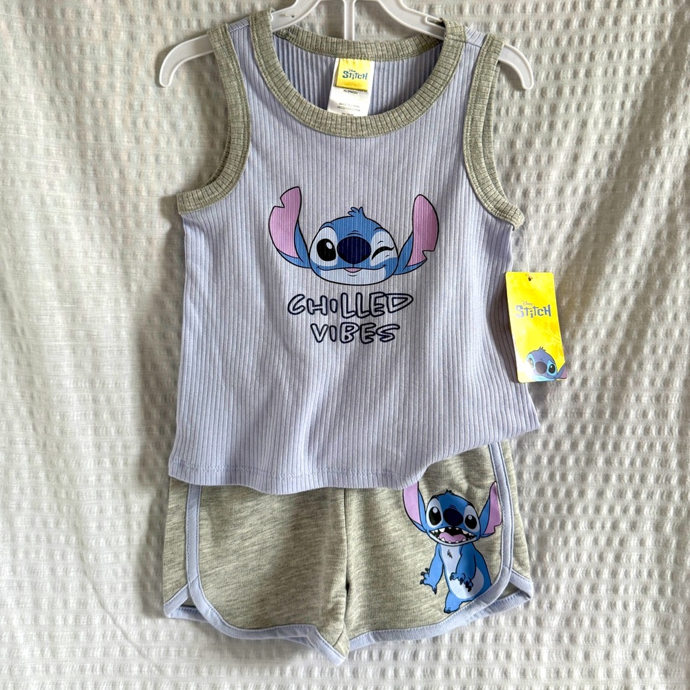 Disney Stitch Print Tank and Shorts Set Toddler Girls size 4 Gray Purple NWT